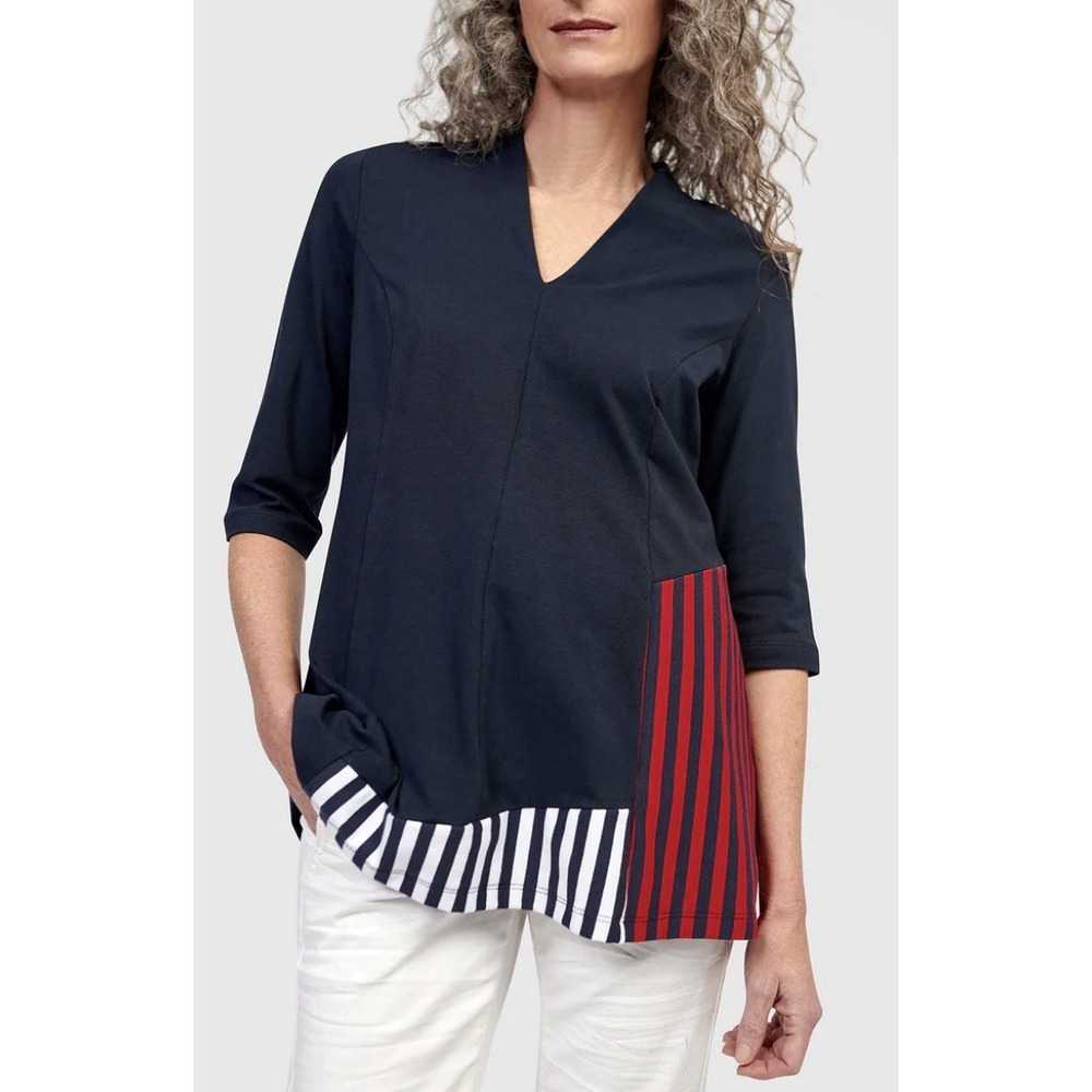 Alembika Rowan V-Neck Top 2 = 8 10 Knit Blouse Striped Color Block Navy Red $180